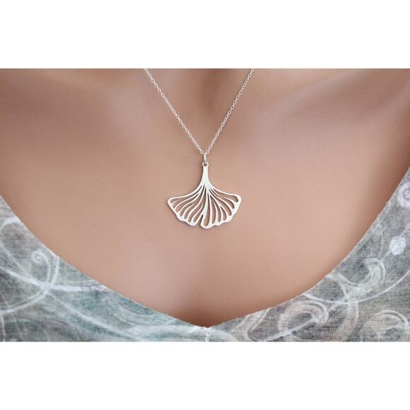 Sterling Silver Openwork Ginkgo Leaf Necklace, Ginkgo Leaf Charm Necklace - Picture 1 of 5